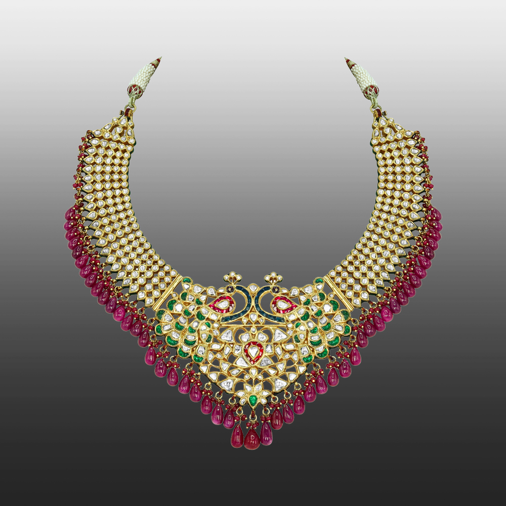 Necklace with Peacock Motifs, Polkis, and Ruby Drops